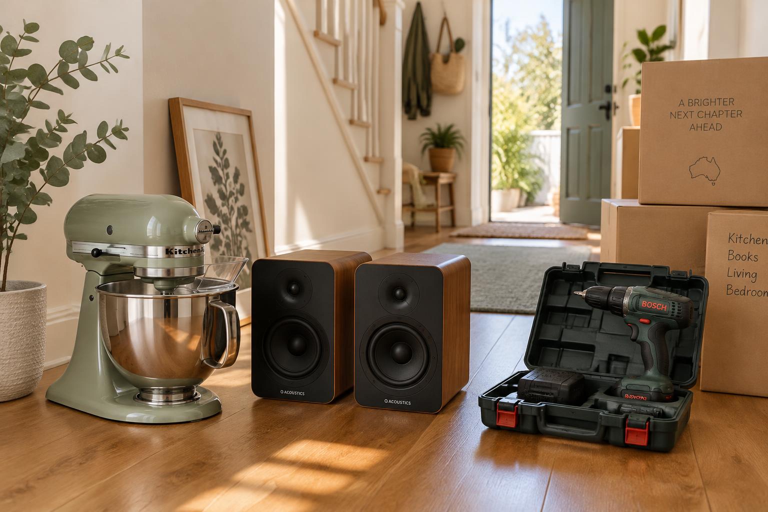 A stand mixer, speakers and cordless drill ready to sell in a sunny hallway